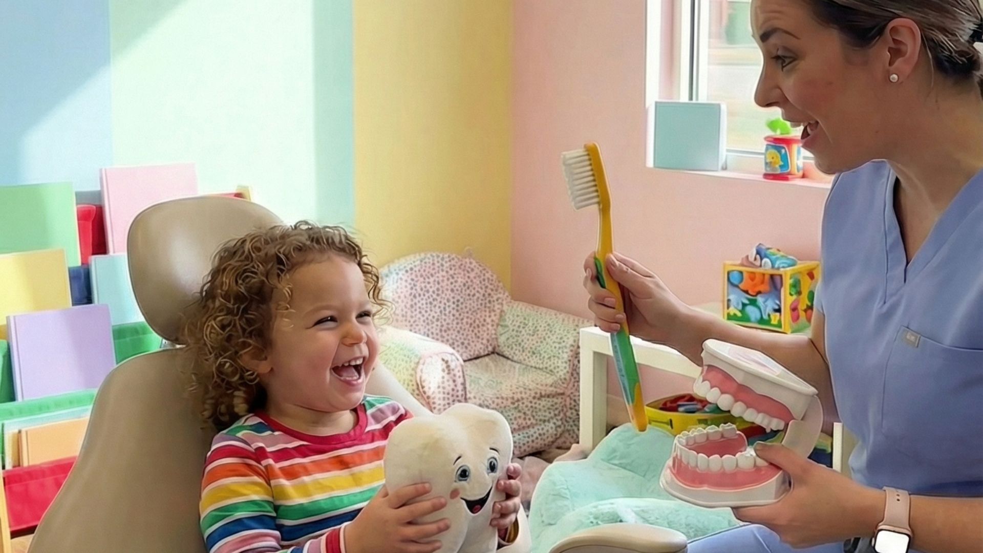 Criança sorridente em consultório odontopediátrico com decoração lúdica colorida durante primeira consulta odontológica
