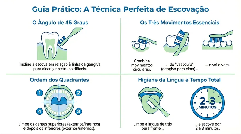 Infográfico ilustrando a técnica correta de escovação dental: sequência dos quadrantes (superiores externos, internos, inferiores), movimentos circulares, limpeza da língua e duração de 2-3 minutos