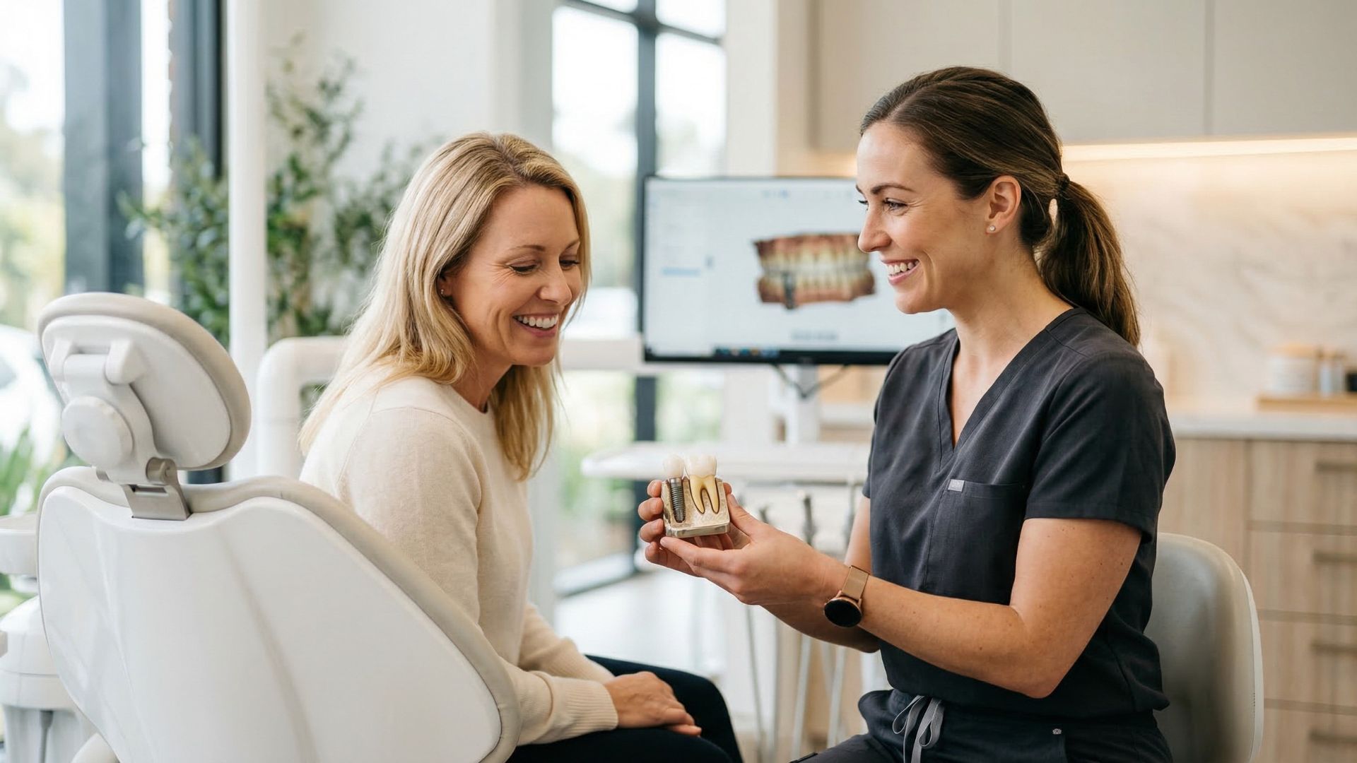 Dentista apresentando modelo de implante dentário para paciente sorridente em consultório odontológico moderno